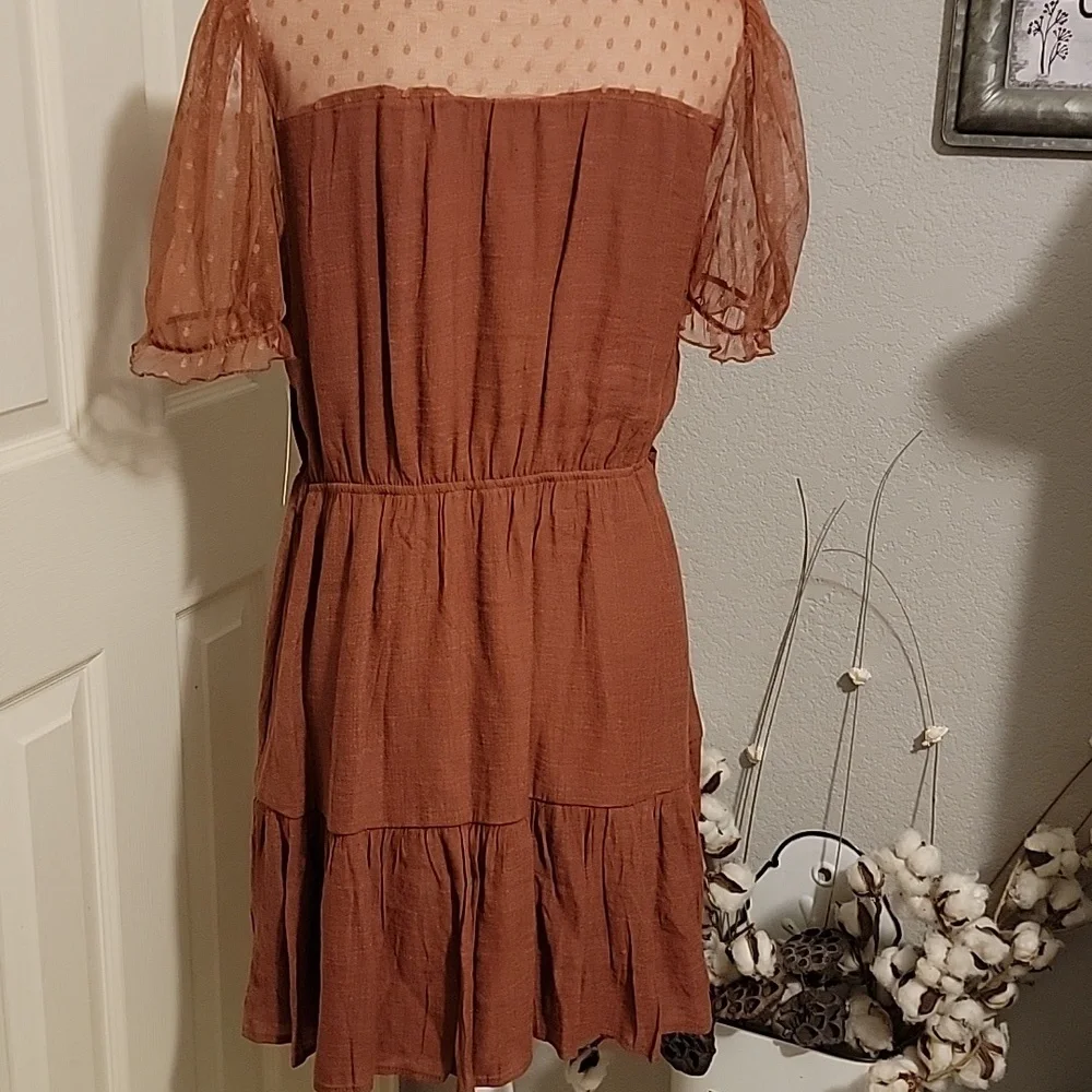 Sweet Wanderer Rust Mini Dress with Sheer Puff Sleeves
